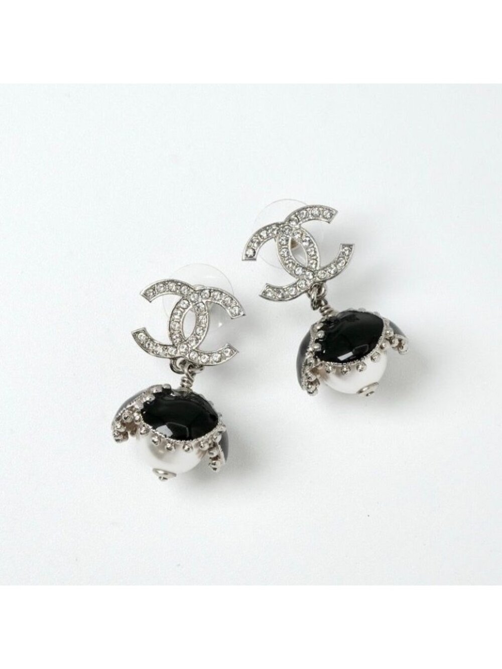 Chanel Earrings Silver Black Coco Mark Rhinestone Flower